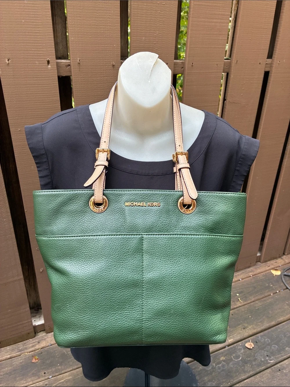 Michael Kors Green Leather Medium Tote with Tan Straps